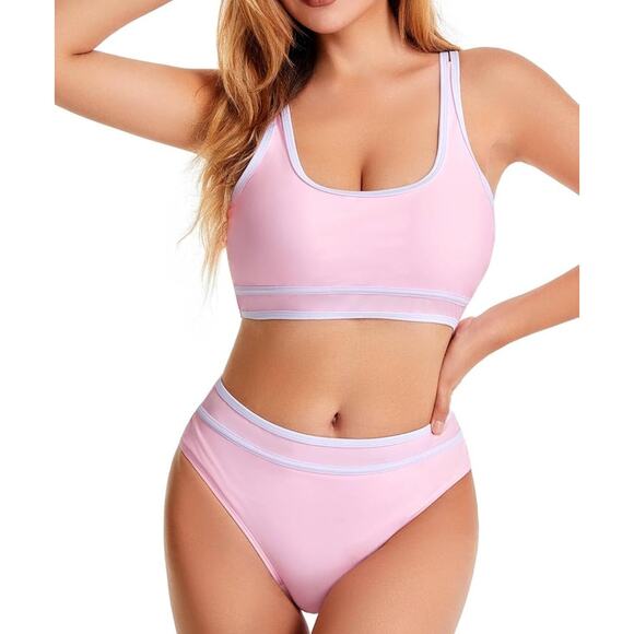 Pink Bikini Swimsuit Womens Large High Waist Sporty Two Piece Swimwear Set New - Picture 1 of 4